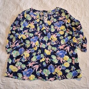 Talbots 1X P 3/4 sleeve floral flowy blouse navy pink yellow green NEW
